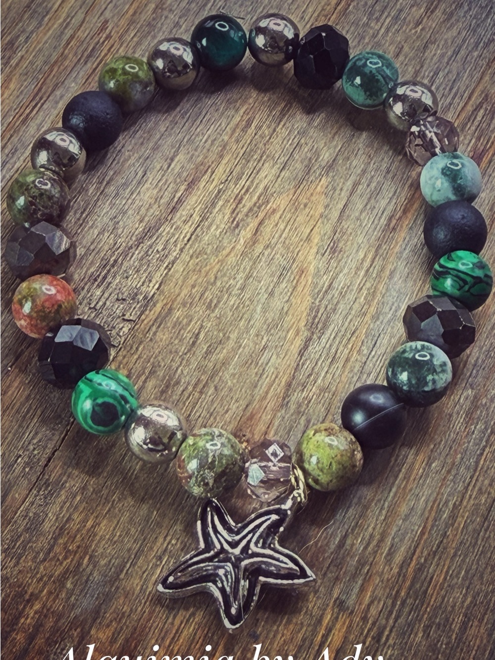 COASTAL + Green Gemstone Bracelet + Boho + starfish charm